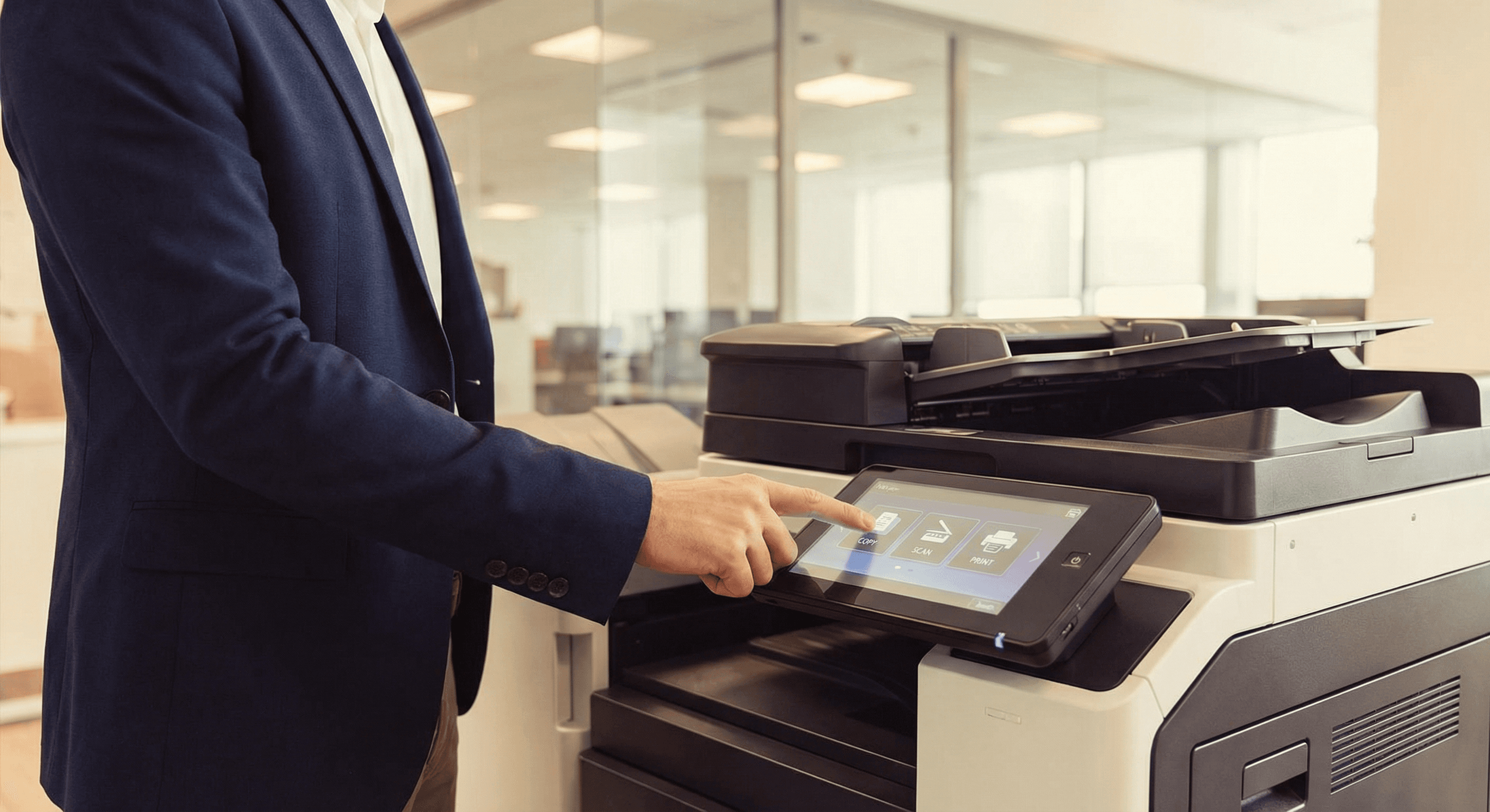 Business professional using a multifunction copier